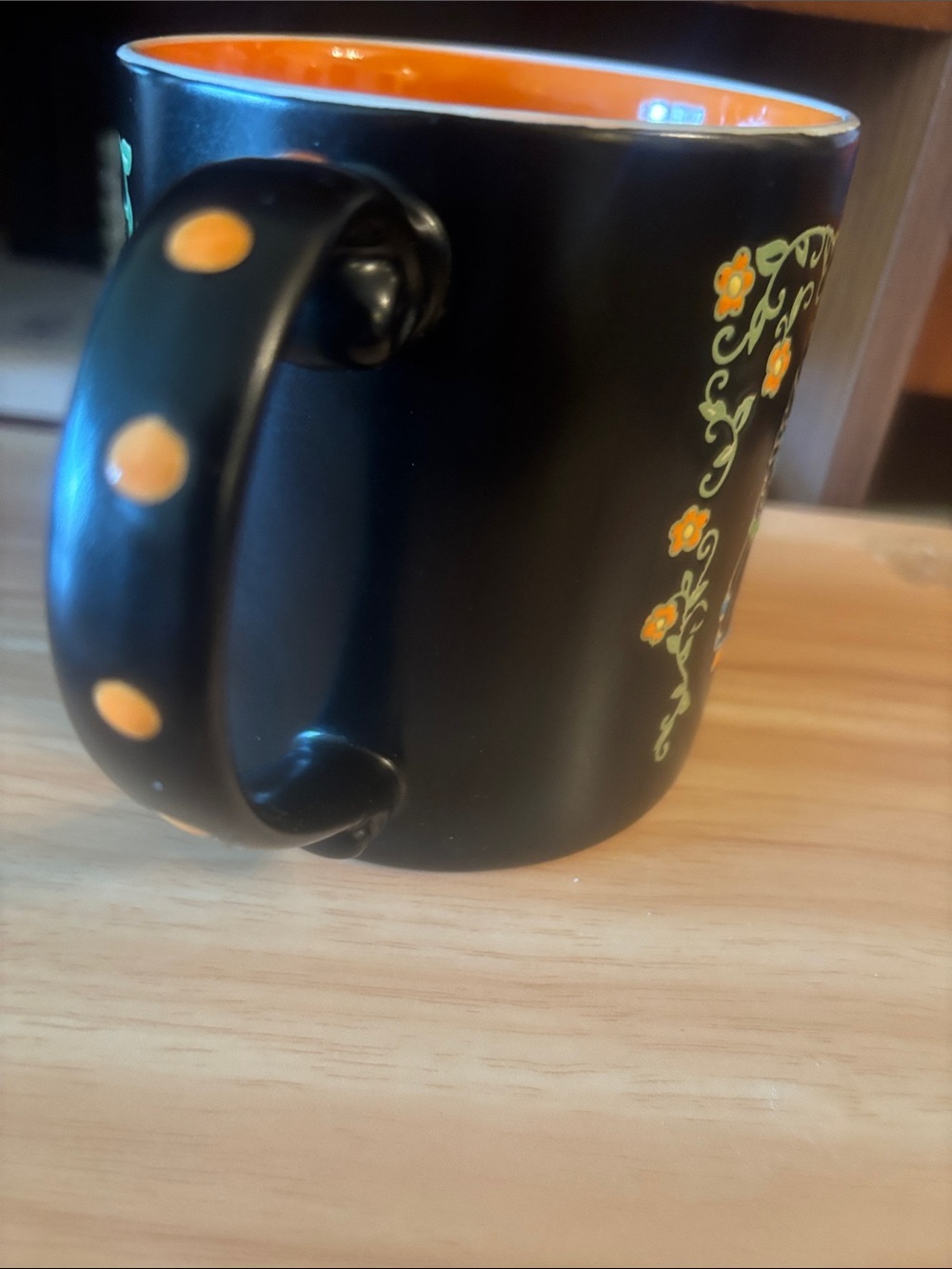 Black and Orange Owl Ceramic Mug with Floral Accents - Picture 4 of 7